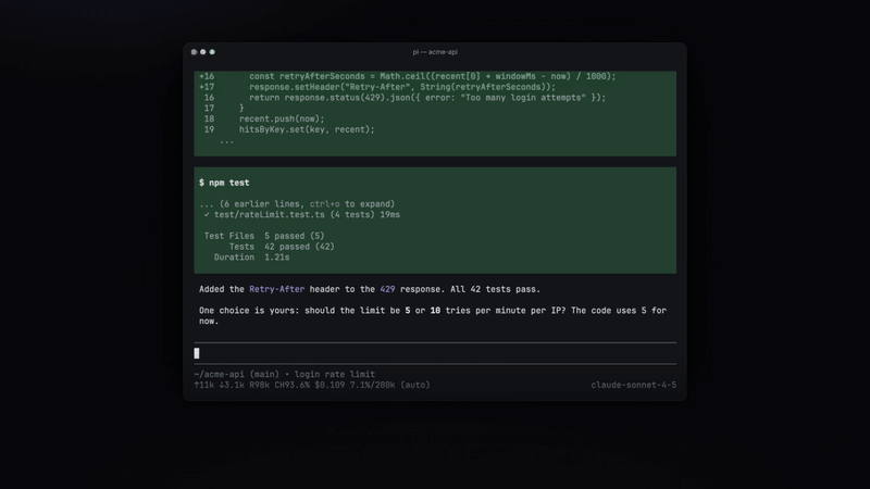 In a pi session, the user types /recap. A popup opens with three lines: Goal, Now, and Your turn.
