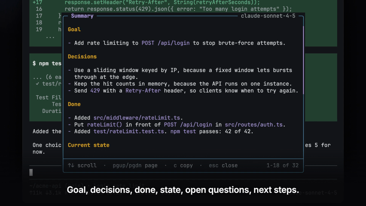 The /summary popup shows the sections Goal, Decisions, Done, and Current state, with a scroll bar and the key hints.